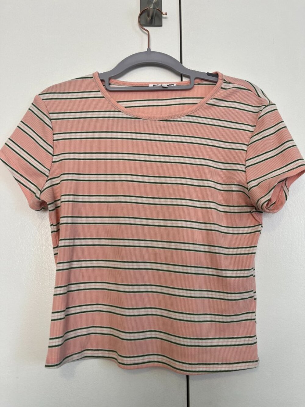 Reformation pink, green, white striped baby tee — size L
